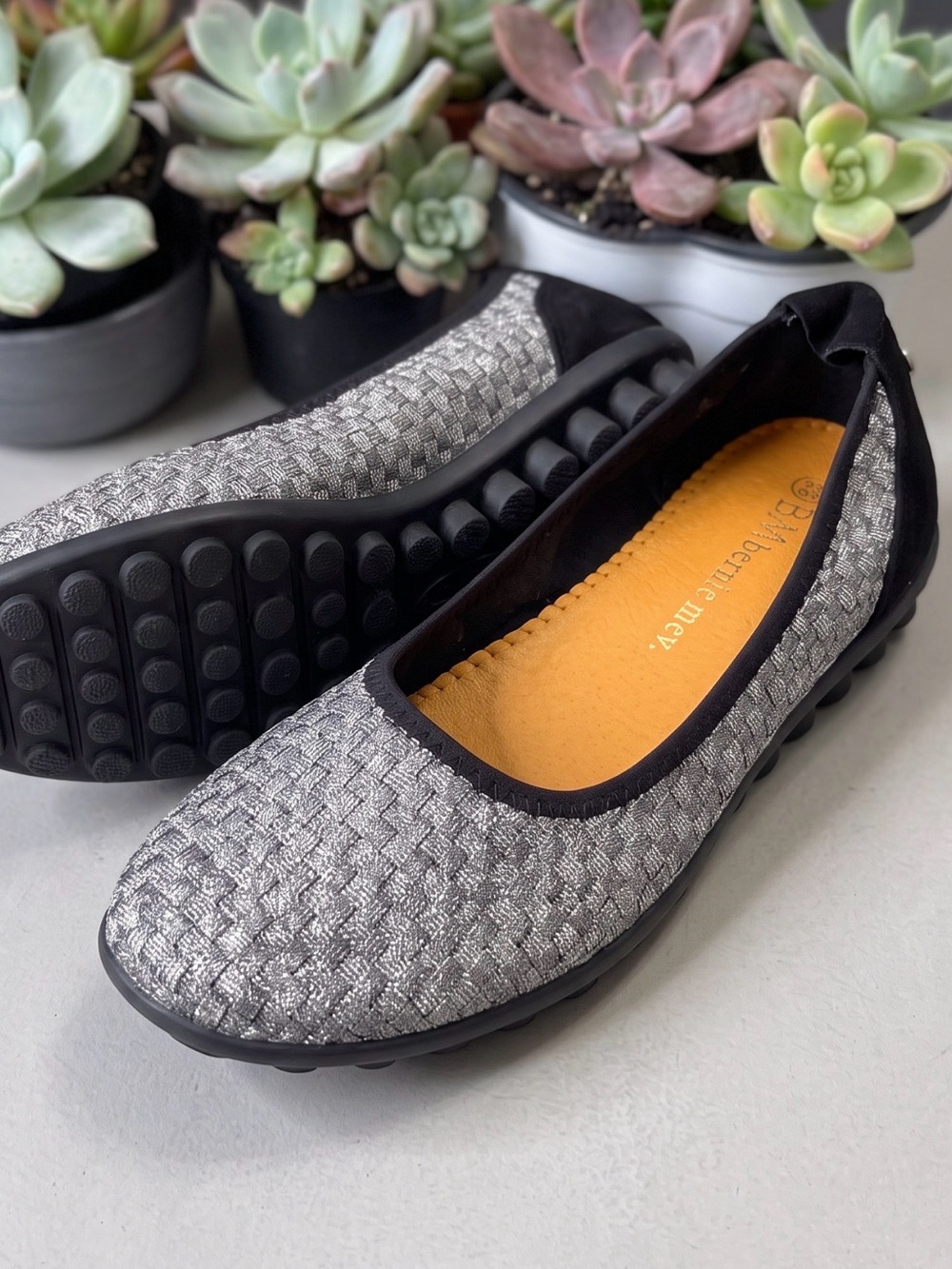 Bernie Mev Silver Ballet Flats sizes 7, 8, 9 New In Box Slip-On Woven Hazel